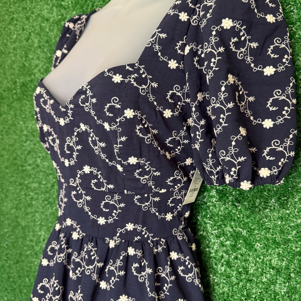 Francesca's Collection Gena Tie Back Embroidered Navy Puff Sleeve Mini Dress - Picture 5 of 16